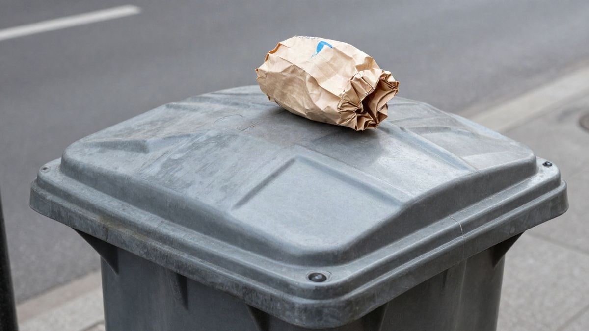 Illustrative image: detail of a recycling container on an urban sidewalk
