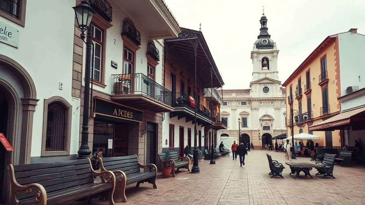 Imagen ilustrativa: plaza de pueblo engalanada con guirnaldas y casetas de feria, sin personas, con la iglesia al fondo.