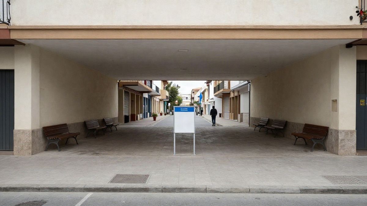 Imagen ilustrativa: entrada genérica de un centro municipal con bancos vacíos y una figura pequeña de espaldas