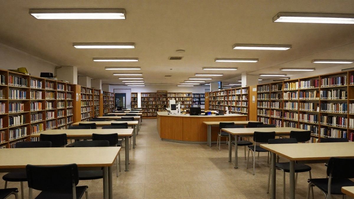 Imagen ilustrativa: interior de una biblioteca pública con mesas de lectura vacías y estanterías iluminadas por luz artificial