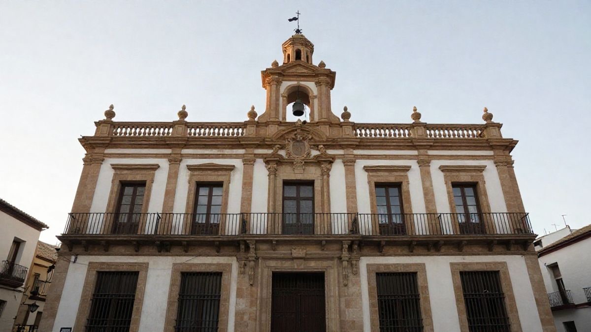 Imagen ilustrativa: ángulo bajo de la fachada de un edificio consistorial genérico con cielo despejado
