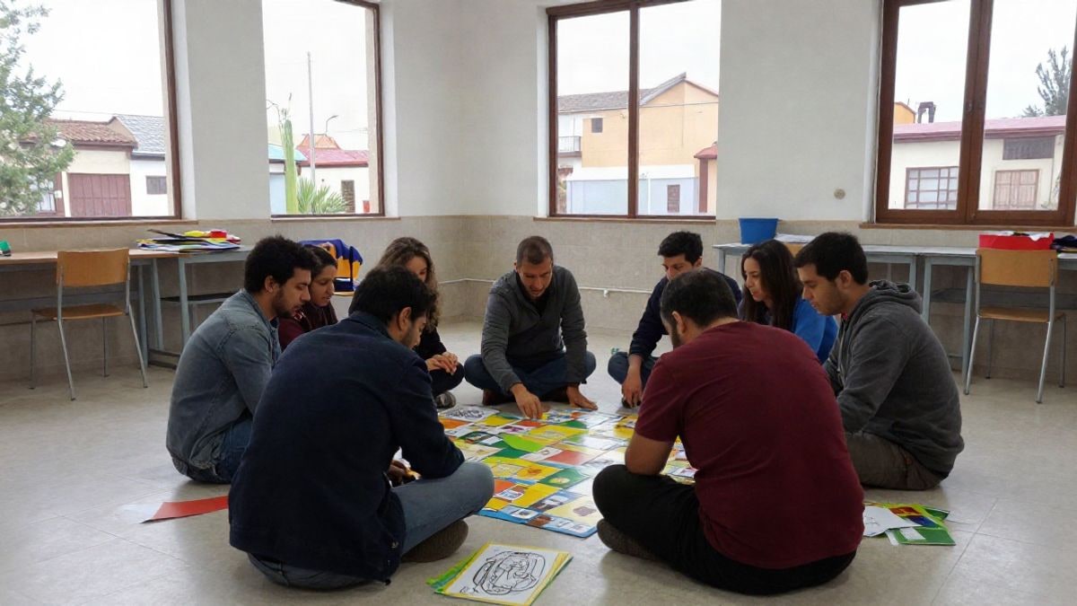 Imagen ilustrativa: un grupo de niños y jóvenes de espaldas jugando con piezas de colores en una sala comunitaria luminosa.