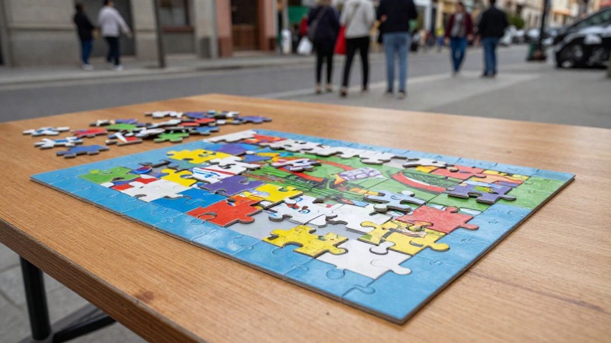 Imagen ilustrativa: mesa con puzles de colores en un recinto ferial al aire libre.