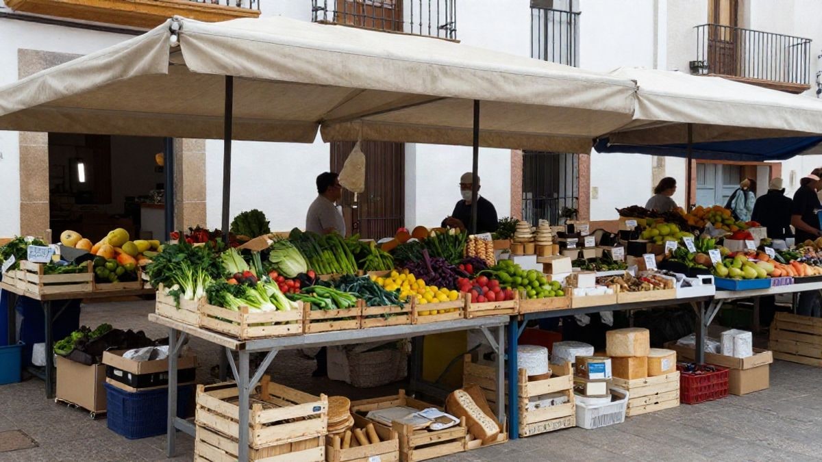 Imagen ilustrativa: un puesto de mercado con cajas de frutas, verduras y pan bajo una lona, con gente de fondo desenfocada.