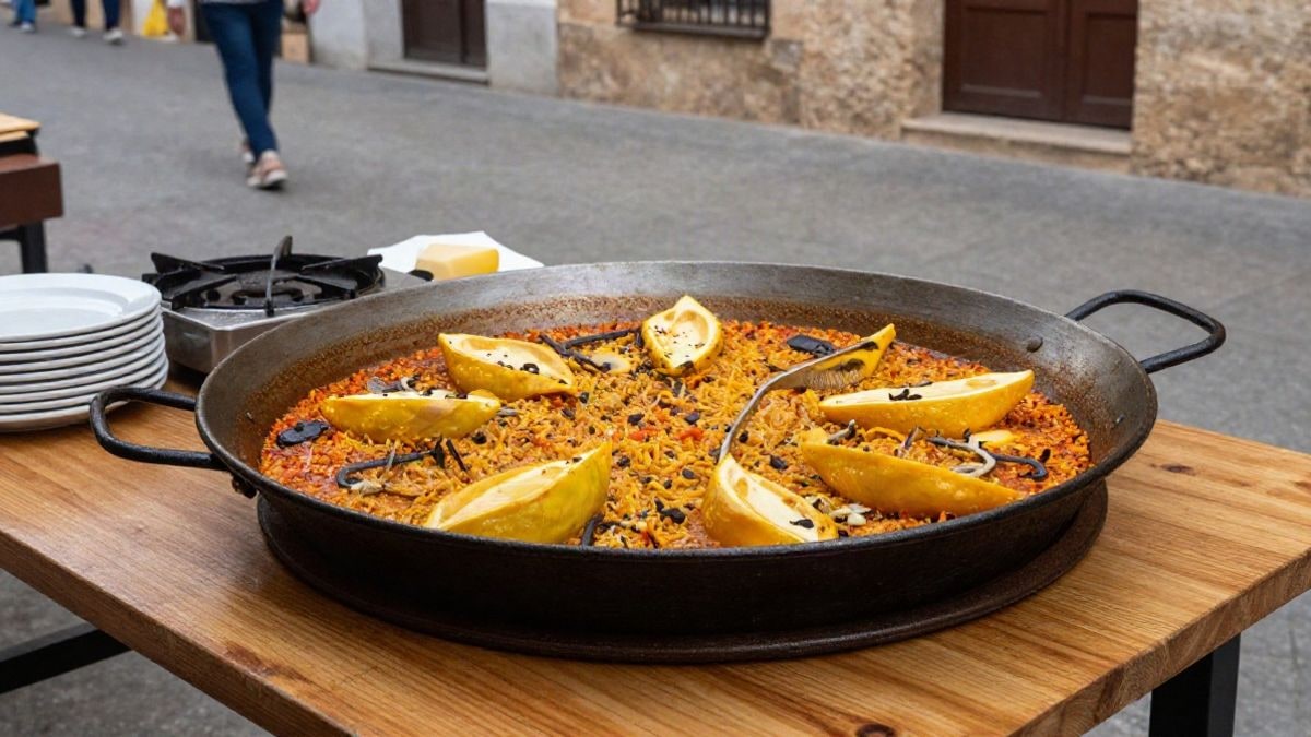 Illustrative image: detail of a paella pan used on a wooden table with a gas burner