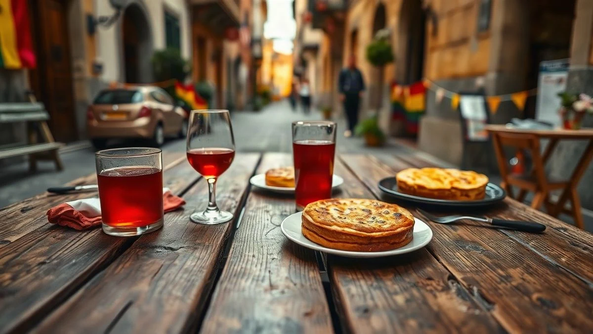 Imagen ilustrativa: mesa de madera con tartas caseras y tortilla de patatas en platos, ambiente festivo al aire libre.