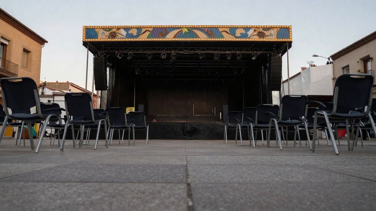 Illustrative image: fairground with stage and empty chairs at sunset