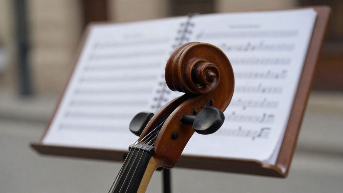 Imagen ilustrativa: primer plano de un violín sobre un atril con partituras