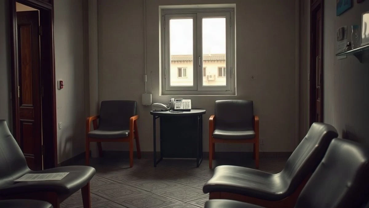 Illustrative image: empty waiting room of a town hall with chairs and desk