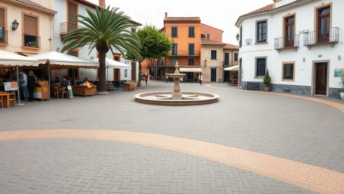 Imagen ilustrativa: plaza de un pueblo español con puestos y mesas preparados para unas fiestas, bajo un cielo nublado.