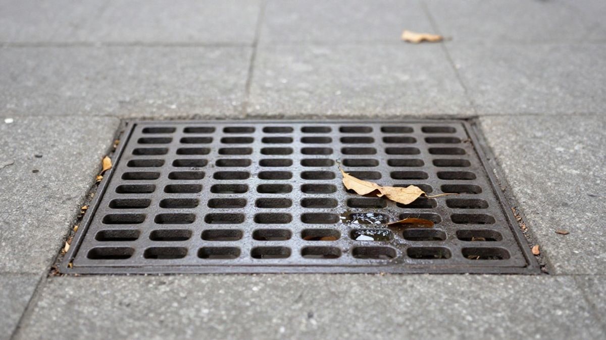 Imagen ilustrativa: primer plano de una rejilla de desagüe limpia en una acera, con hojas caídas y un charco de agua, en un entorno urbano.