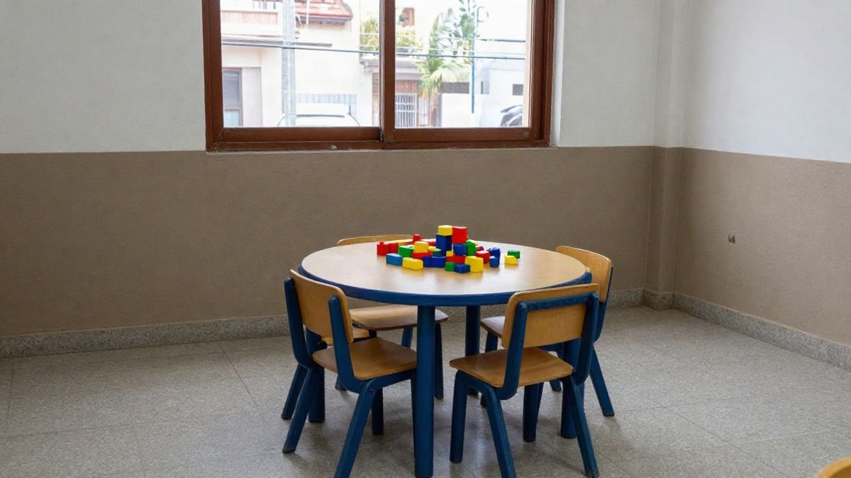 Imagen ilustrativa: una sala de ludoteca con juguetes y mesas, sin personas.