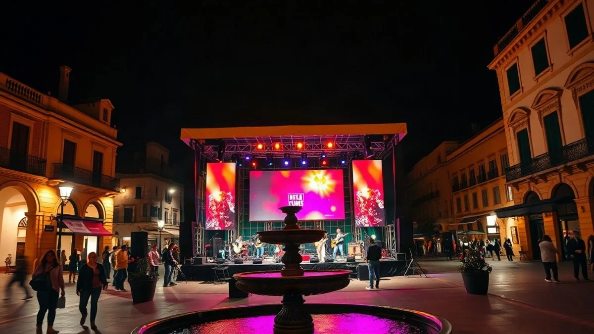 Imagen ilustrativa: un concierto multitudinario al aire libre en una plaza española, con el público de espaldas y un escenario iluminado de forma genérica.