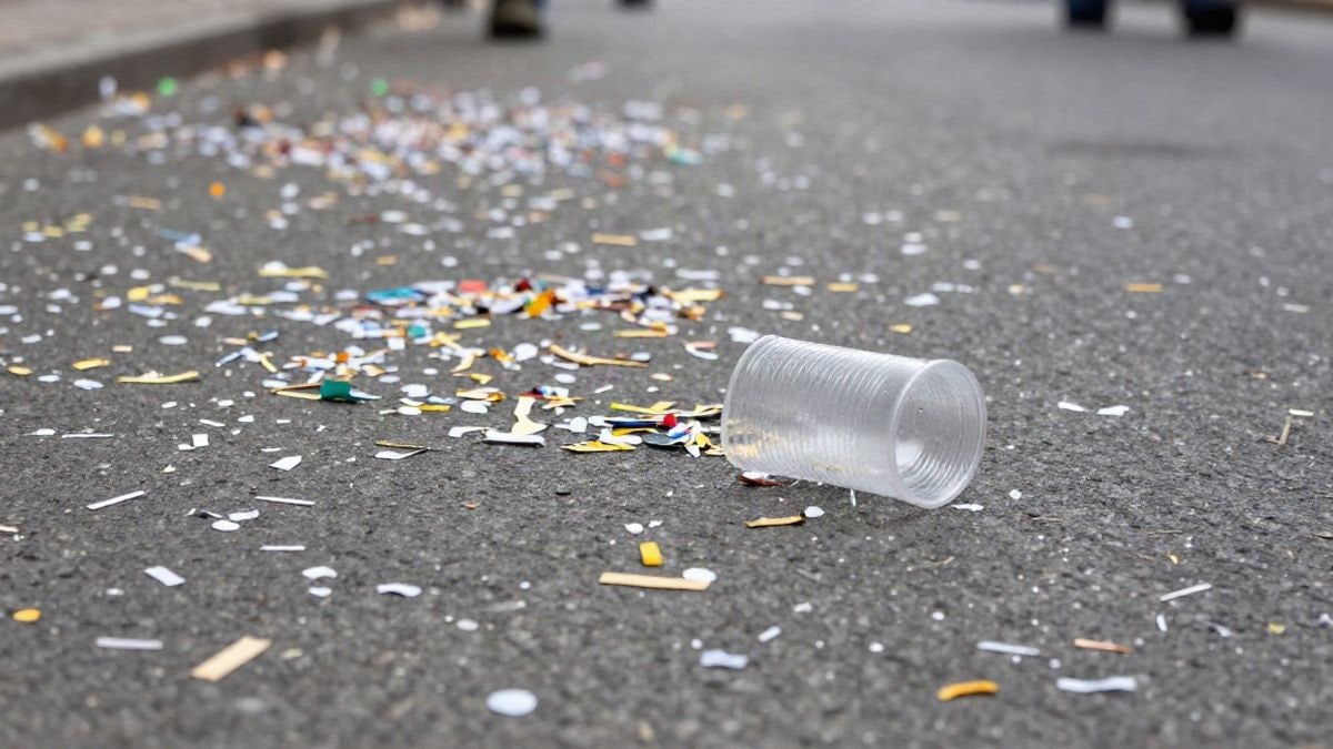 Imagen ilustrativa: primer plano de confeti y restos de una fiesta en el suelo de una calle