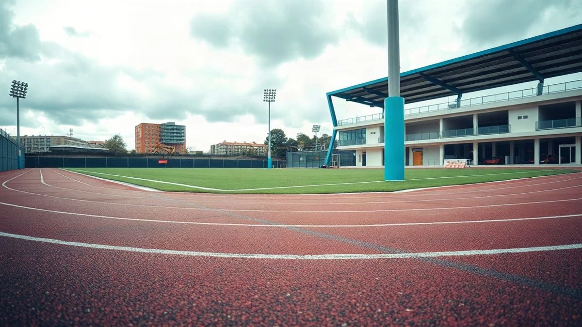 Imagen ilustrativa: vista a ras de suelo de un complejo deportivo con pista de atletismo y campo de césped artificial en obras, bajo un cielo nublado