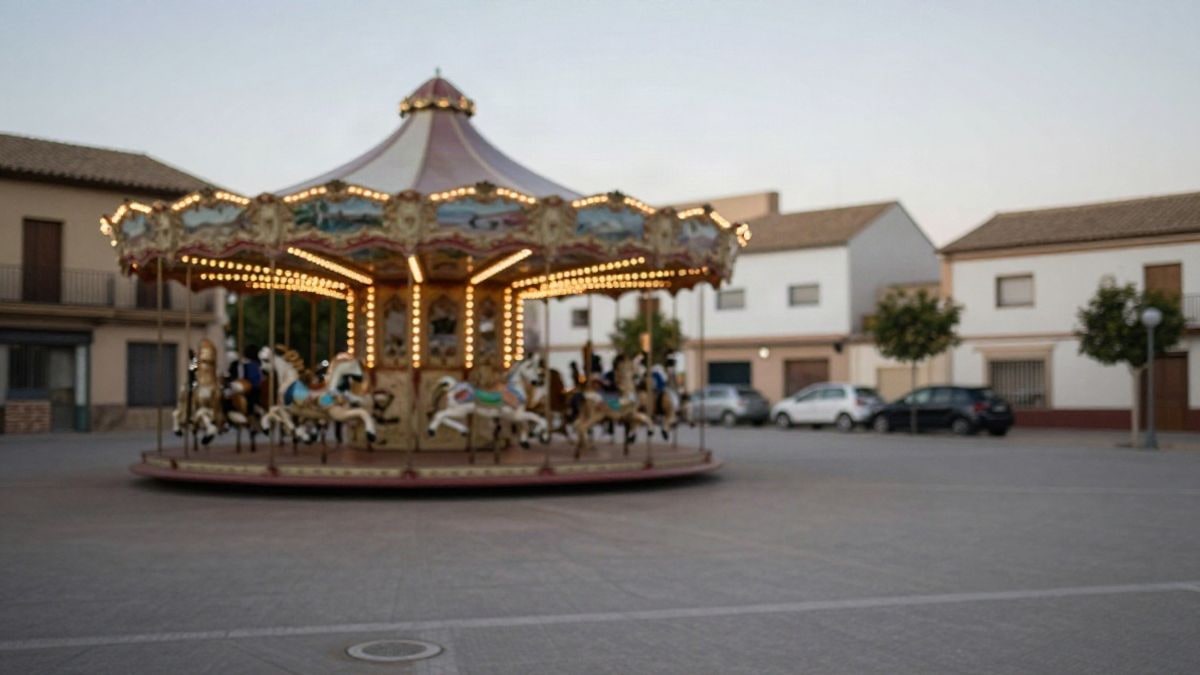 Imagen ilustrativa: un carrusel de feria en una plaza de un pueblo español genérico, con luz de atardecer y edificios al fondo