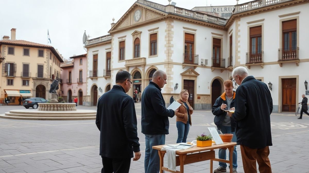 Imagen ilustrativa: personas reunidas frente a un edificio municipal en una plaza, con una mesa y papeles, en un día nublado.