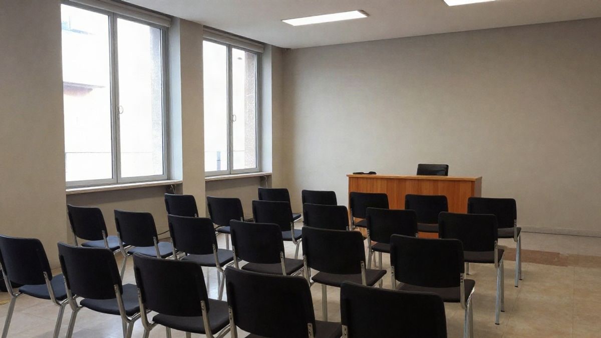 Imagen ilustrativa: sala de conferencias municipal con sillas vacías y luz natural entrando por una ventana lateral
