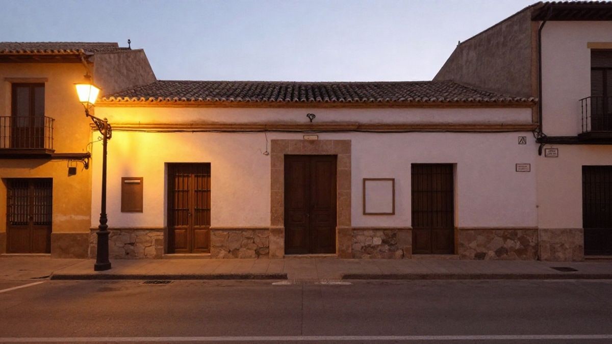 Imagen ilustrativa: fachada de un centro cultural municipal de noche iluminada por farolas