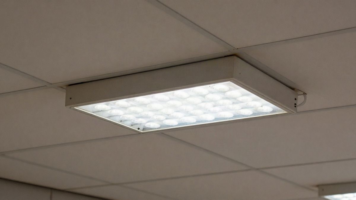 Imagen ilustrativa: detalle de una luminaria LED empotrada en un techo técnico con paneles acústicos.
