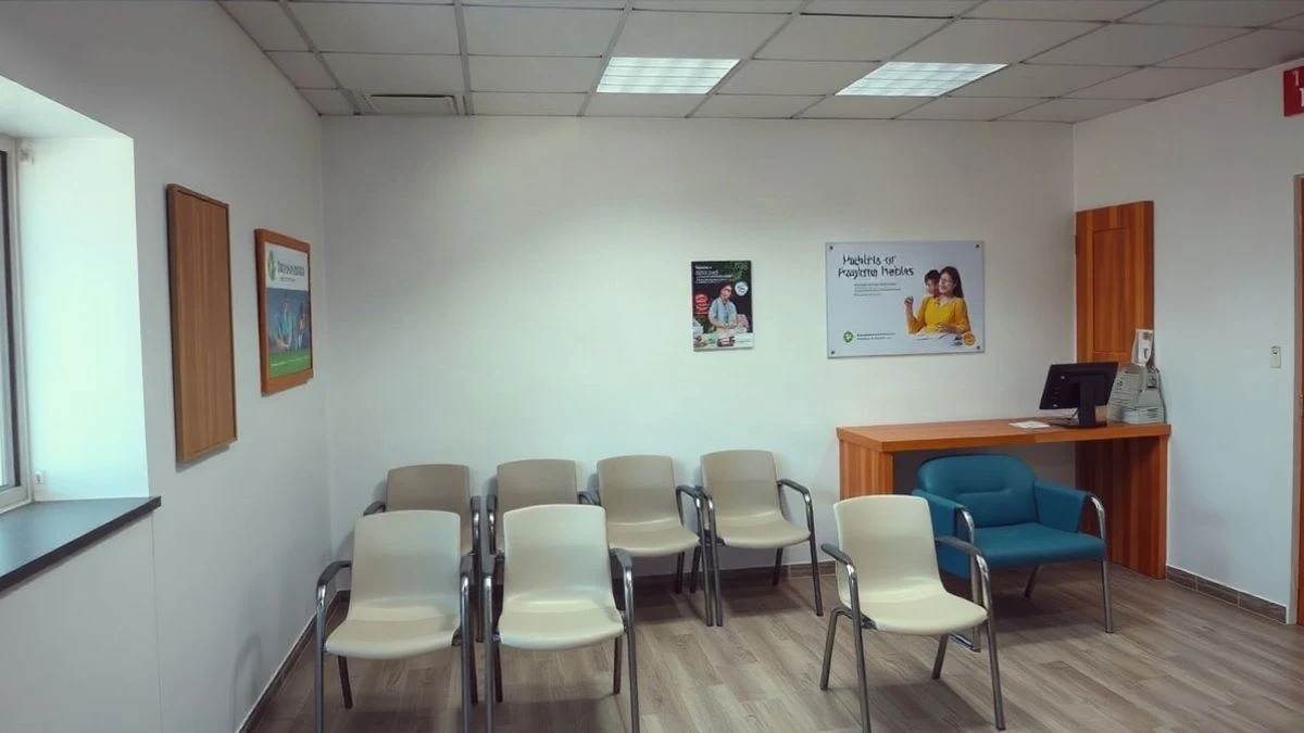 Imagen ilustrativa: una sala de espera vacía de un centro de salud con sillas y mostrador de recepción.