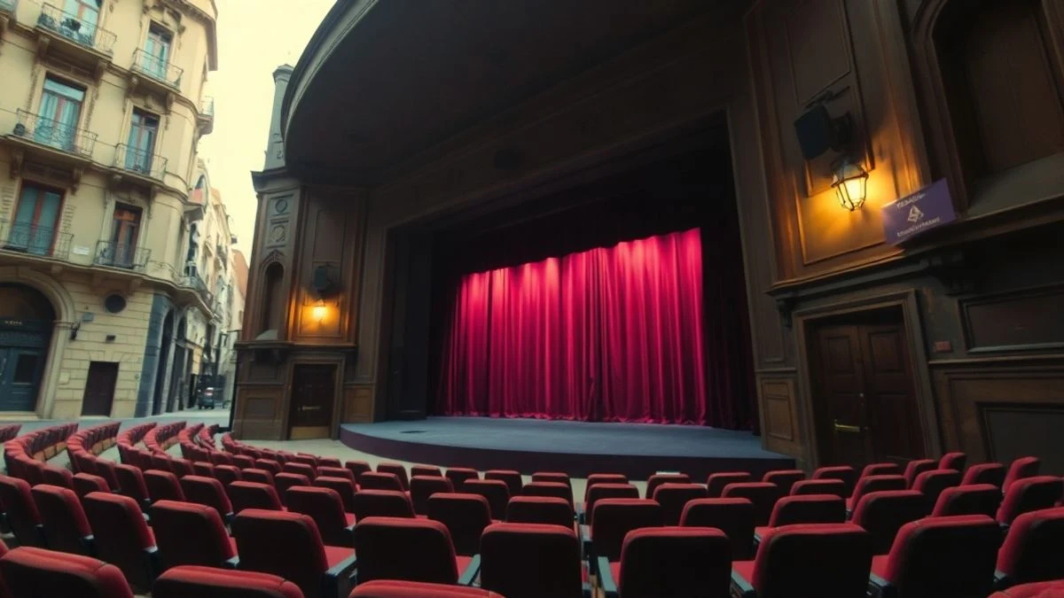 Imagen ilustrativa: interior de un teatro antiguo con butacas de terciopelo rojo y un escenario iluminado, con algunas siluetas borrosas de pie.