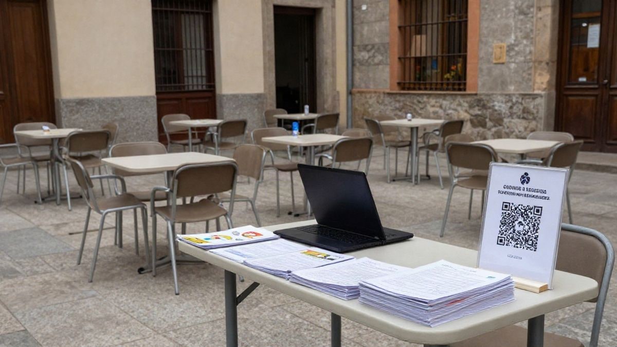 Imagen ilustrativa: mesas y sillas de un stand de feria de empleo en un patio con folletos y currículums impresos