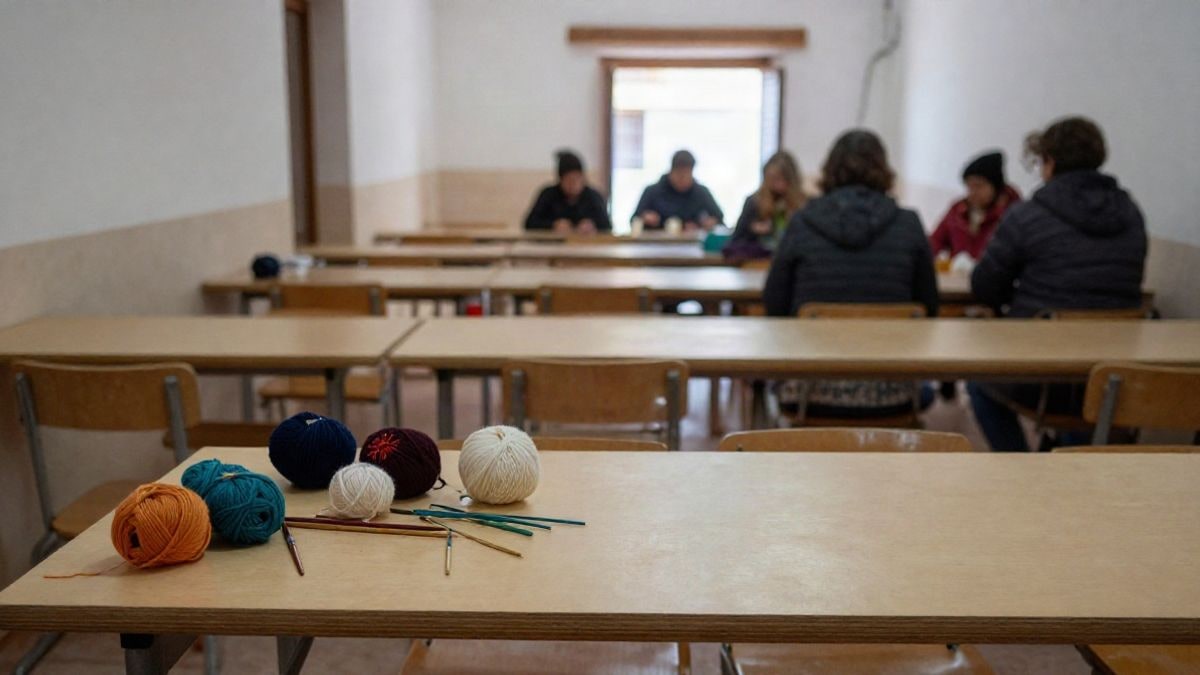Illustrative image: workshop table with balls of wool, needles, and fabric scraps for textile work