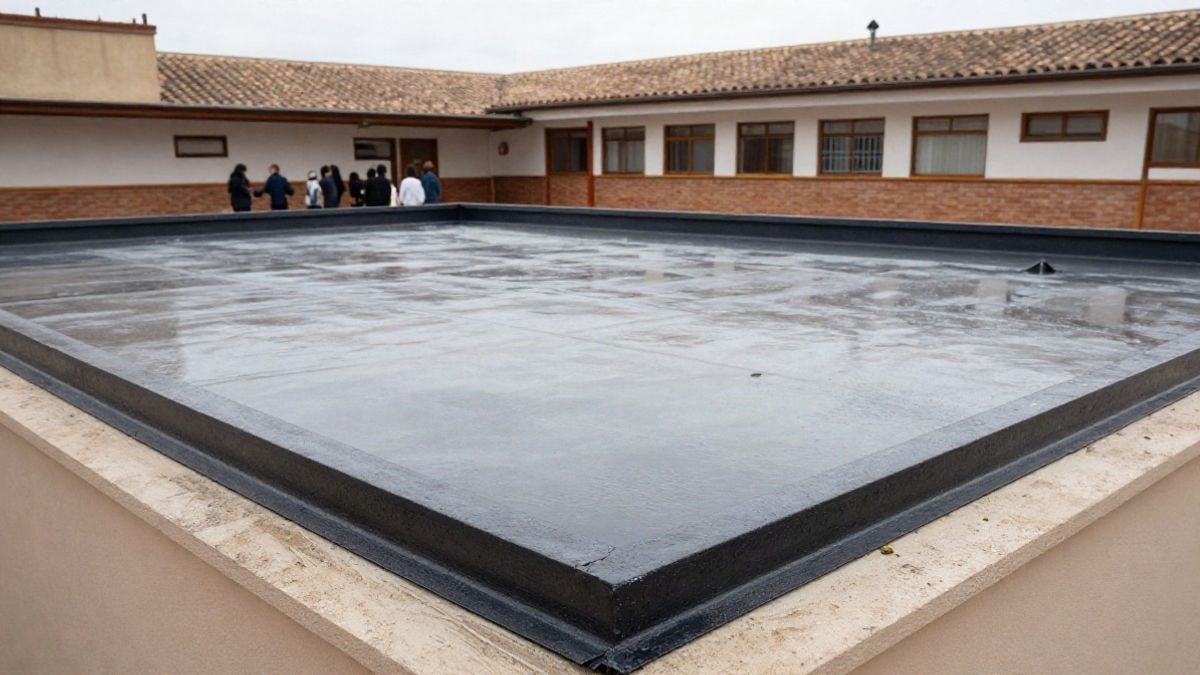 Illustrative image: facade of a public school with newly repaired roof and fresh paint in classrooms, on a cloudy day.