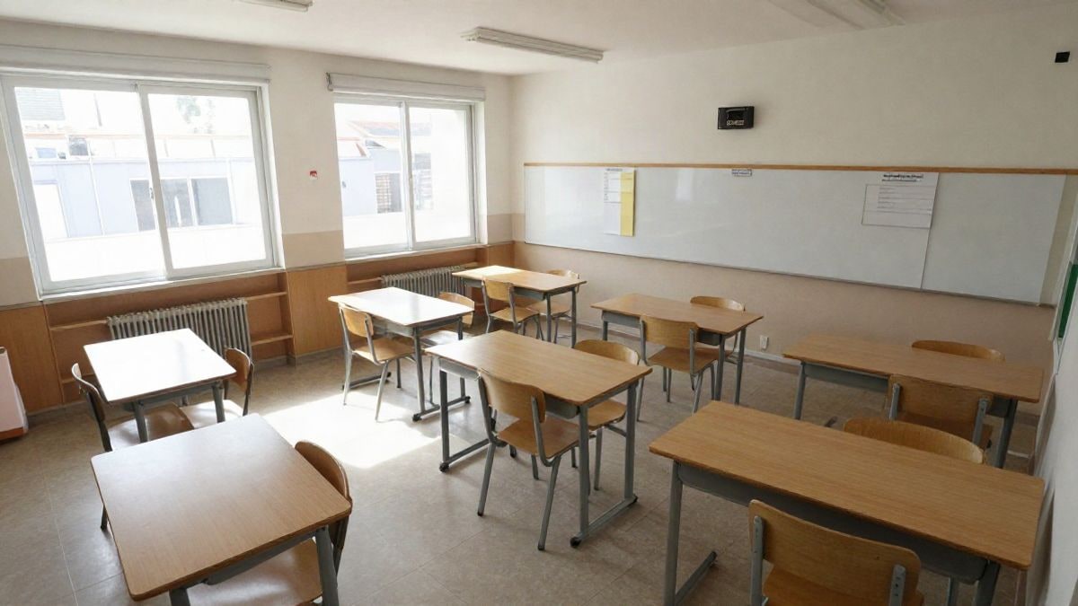 Imagen ilustrativa: aula escolar vacía con unidades de aire acondicionado en la pared