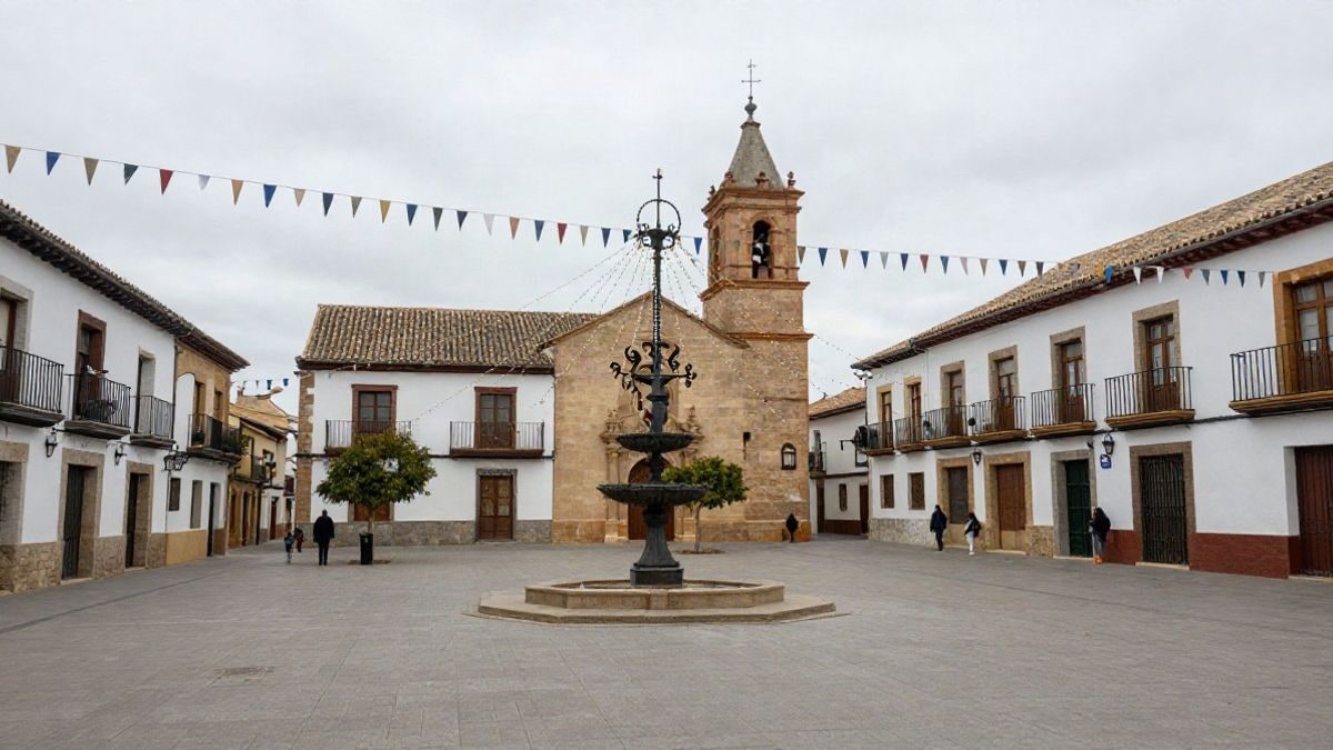 Imagen ilustrativa: plaza de un pueblo español engalanada con guirnaldas y un castillo medieval al fondo