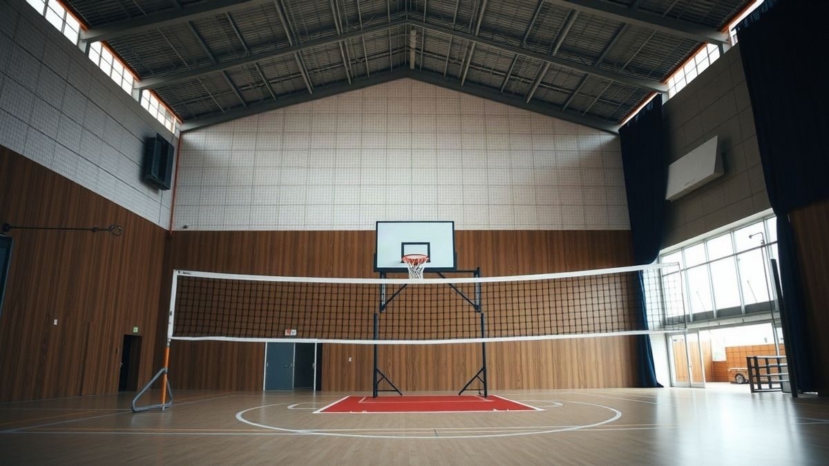 Imagen ilustrativa: pista polideportiva cubierta con canasta de baloncesto y red de voleibol, sin personas