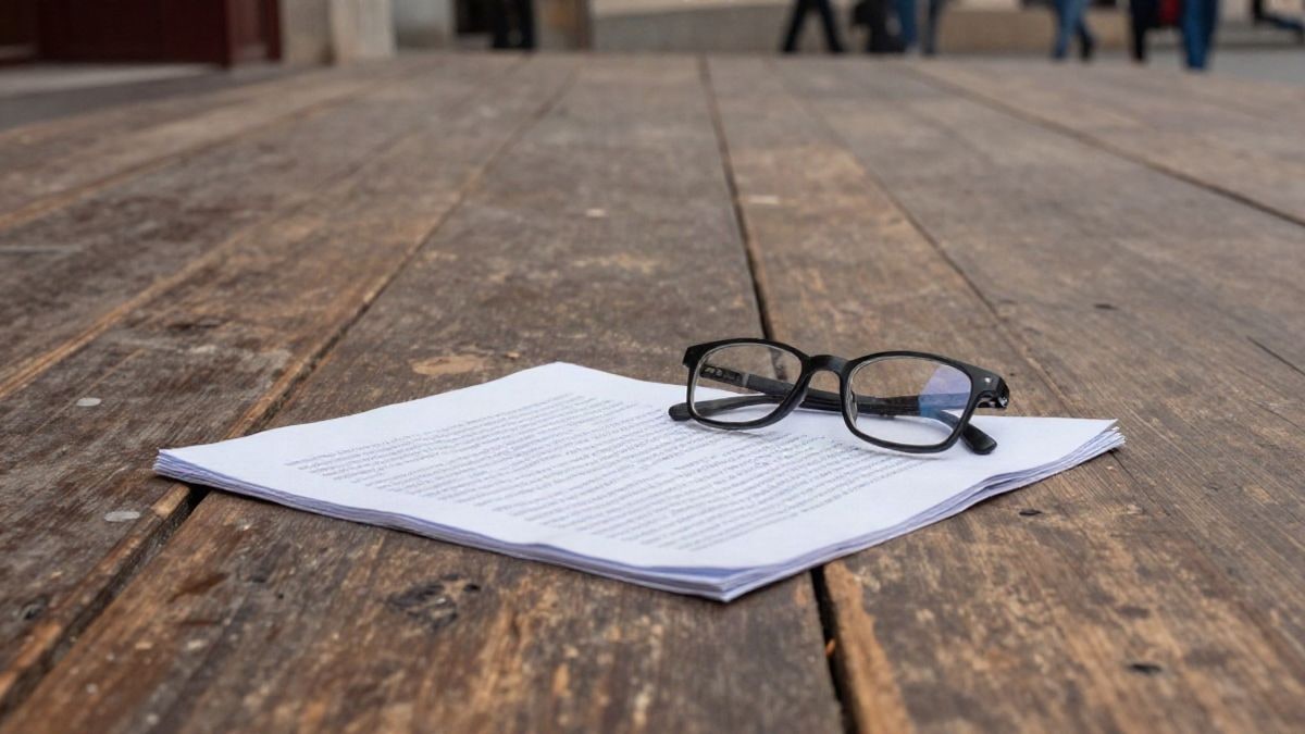 Imagen ilustrativa: detalle de un escenario de madera con un guion y gafas de lectura