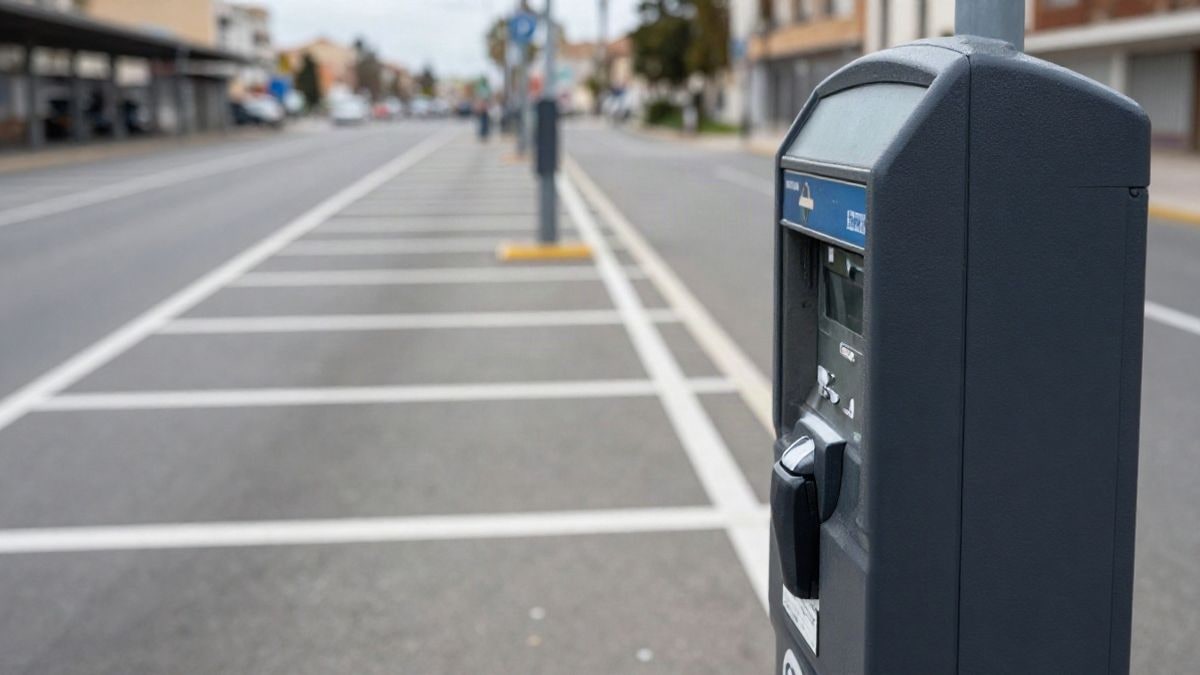 Imagen ilustrativa: primer plano de una máquina de pago de aparcamiento y líneas blancas pintadas en el asfalto de un estacionamiento