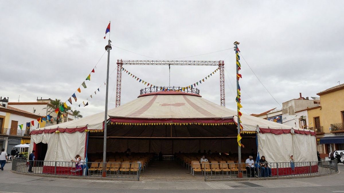 Illustrative image: circus tent with flags and trapeze inside, without people