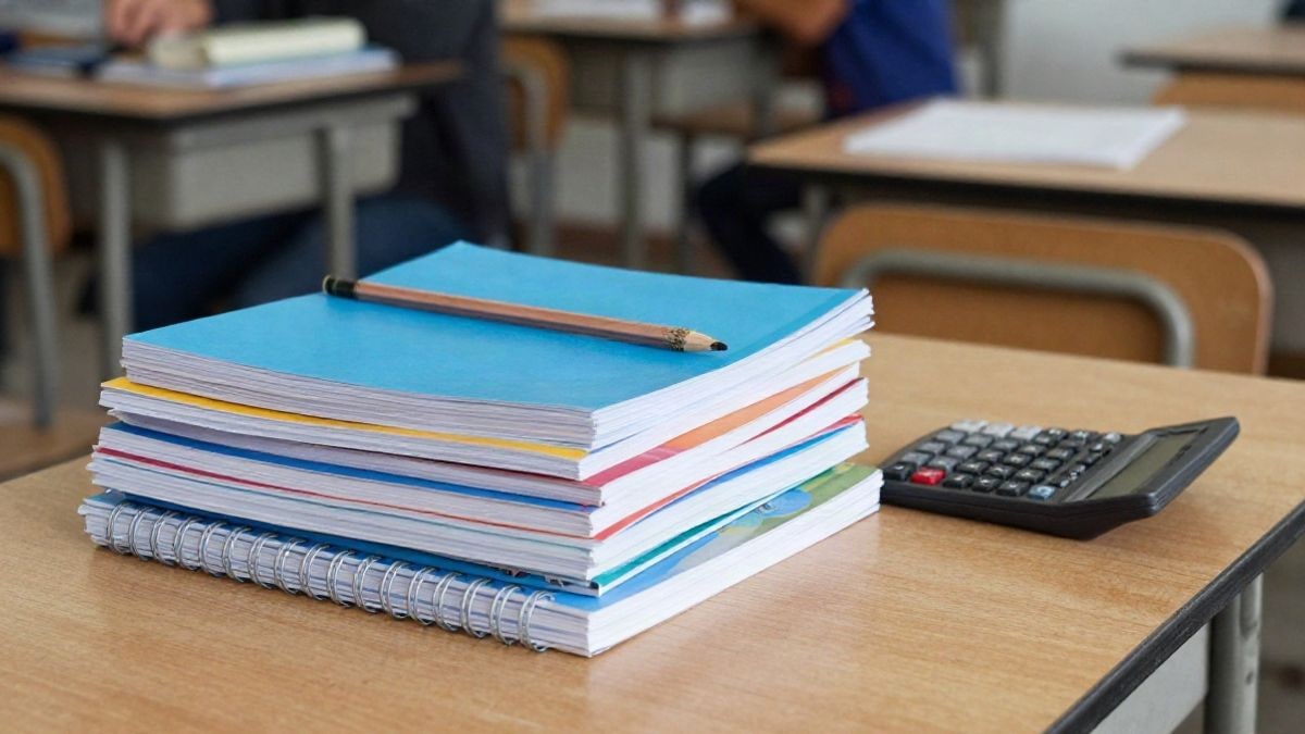 Illustrative image: various school supplies (notebooks, pencils, and calculator) on a wooden table in a classroom.
