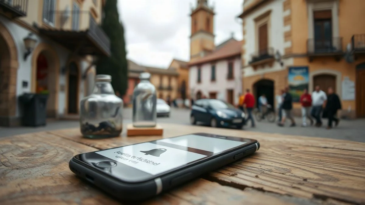 Imagen ilustrativa: un teléfono móvil sobre una mesa de madera con notificaciones en pantalla y un pueblo al fondo