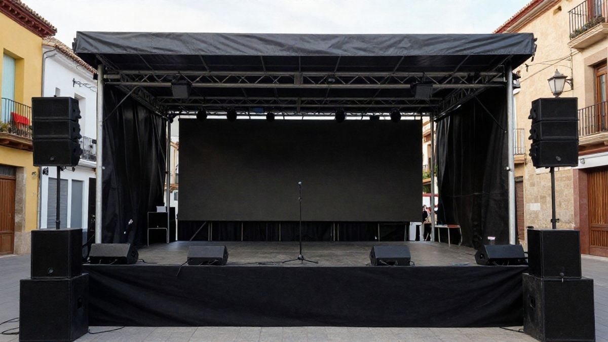Imagen ilustrativa: escenario vacío con equipo de sonido en una plaza pública durante el día
