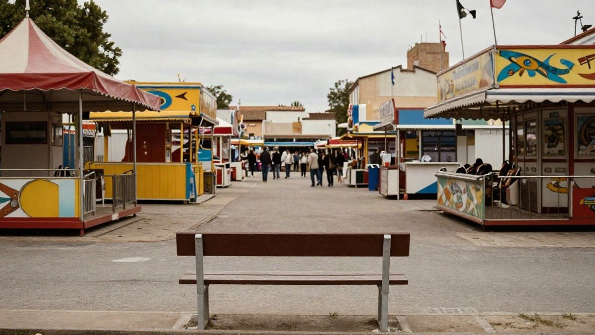 Imagen ilustrativa: un recinto ferial con atracciones y casetas, sin personas, en un día nublado