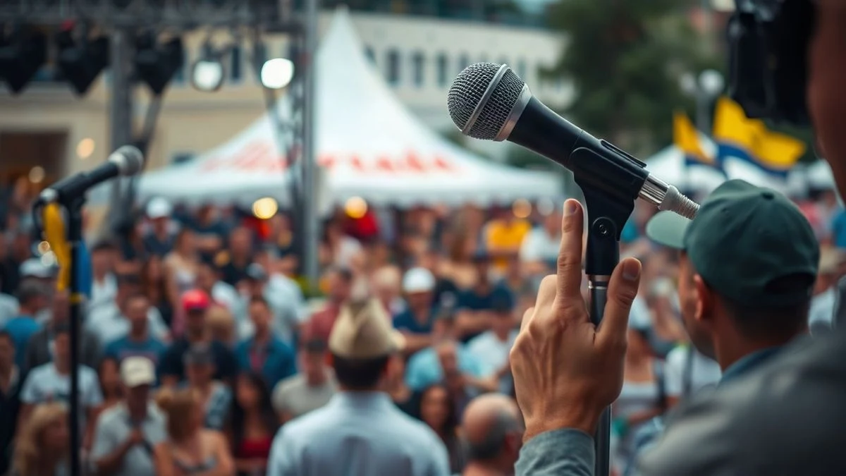 Imagen ilustrativa: un micrófono sobre el escenario de un festival al aire libre, con el fondo desenfocado.