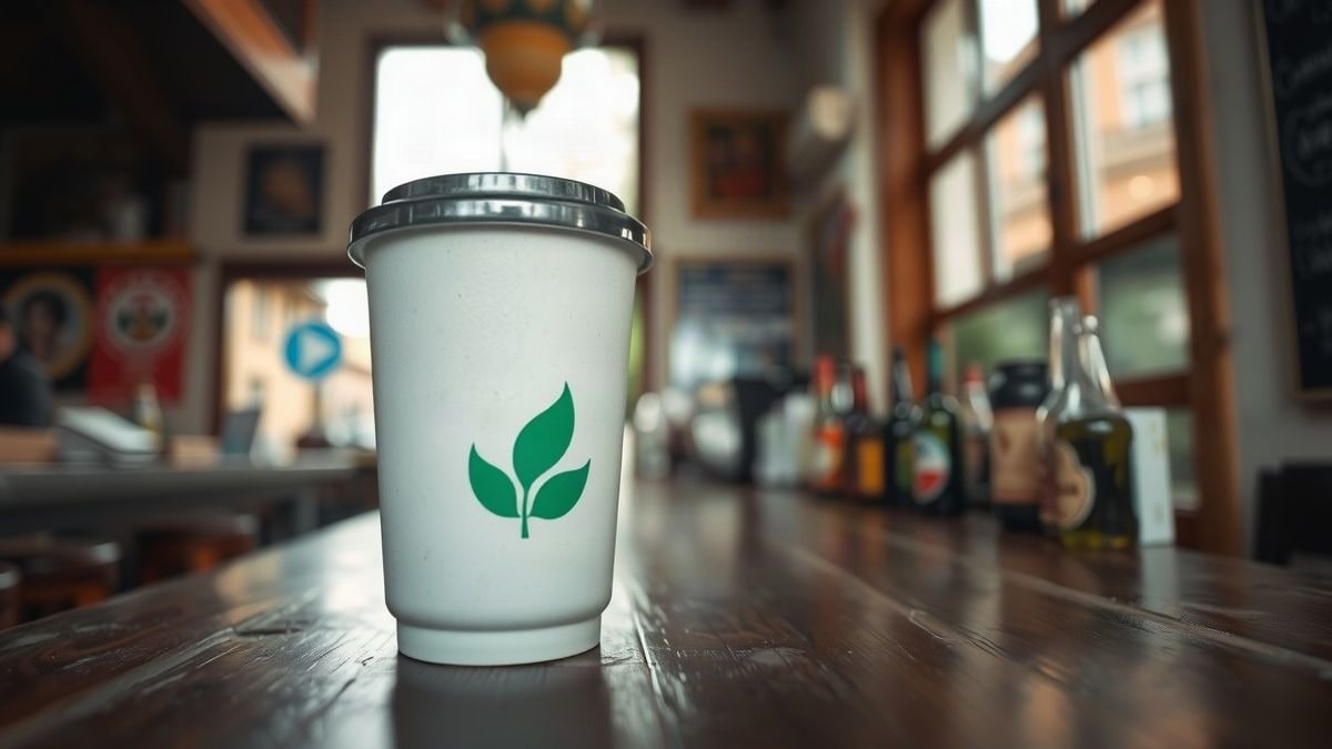 Imagen ilustrativa: un vaso reutilizable sobre la barra de madera de un bar tradicional, con luz natural de ventana y fondo desenfocado.