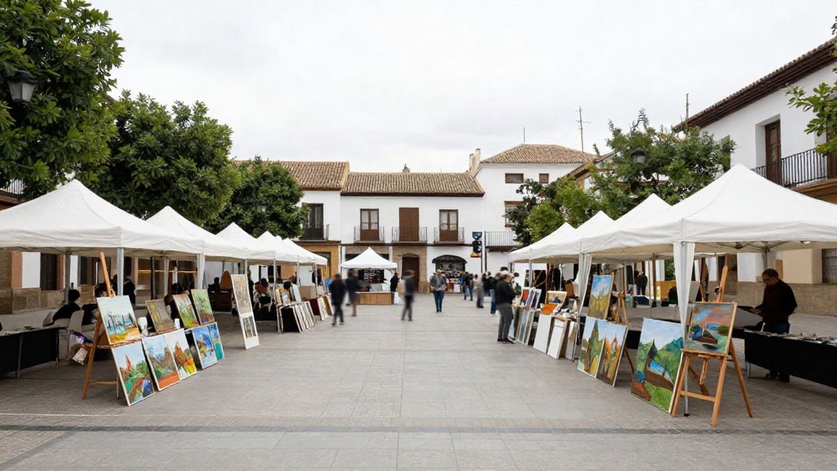 Imagen ilustrativa: casetas blancas con cuadros al aire libre en una plaza española