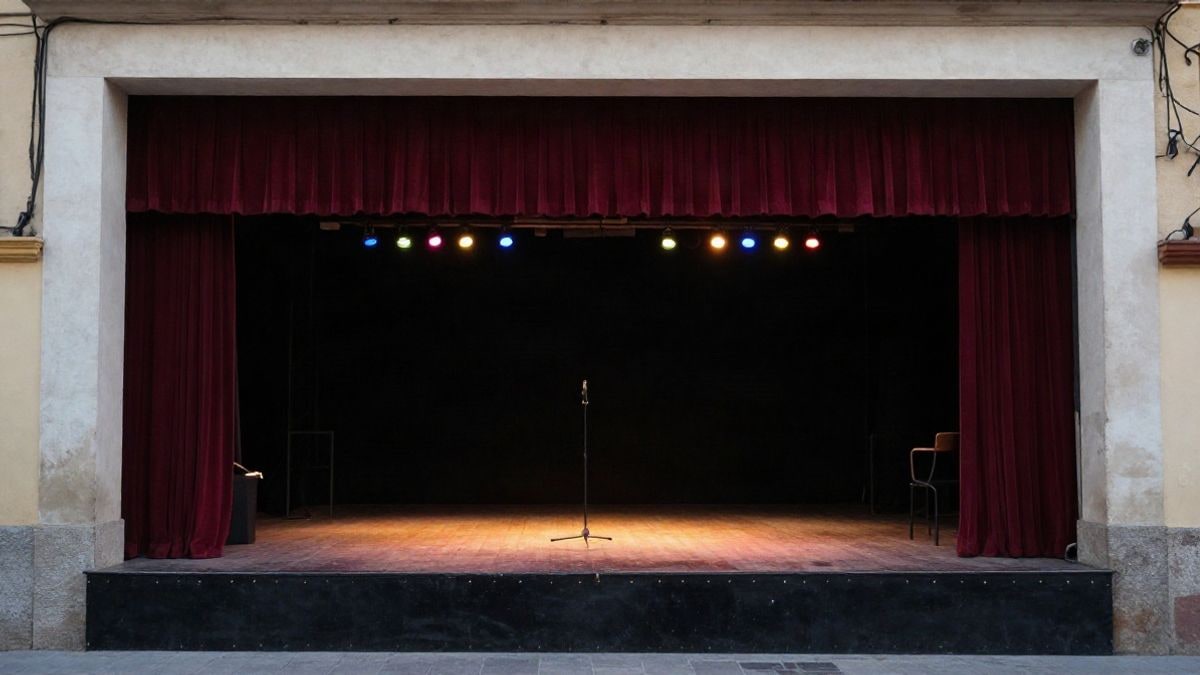 Imagen ilustrativa: un escenario teatral vacío con micrófono y luces de colores, ambiente de espectáculo.