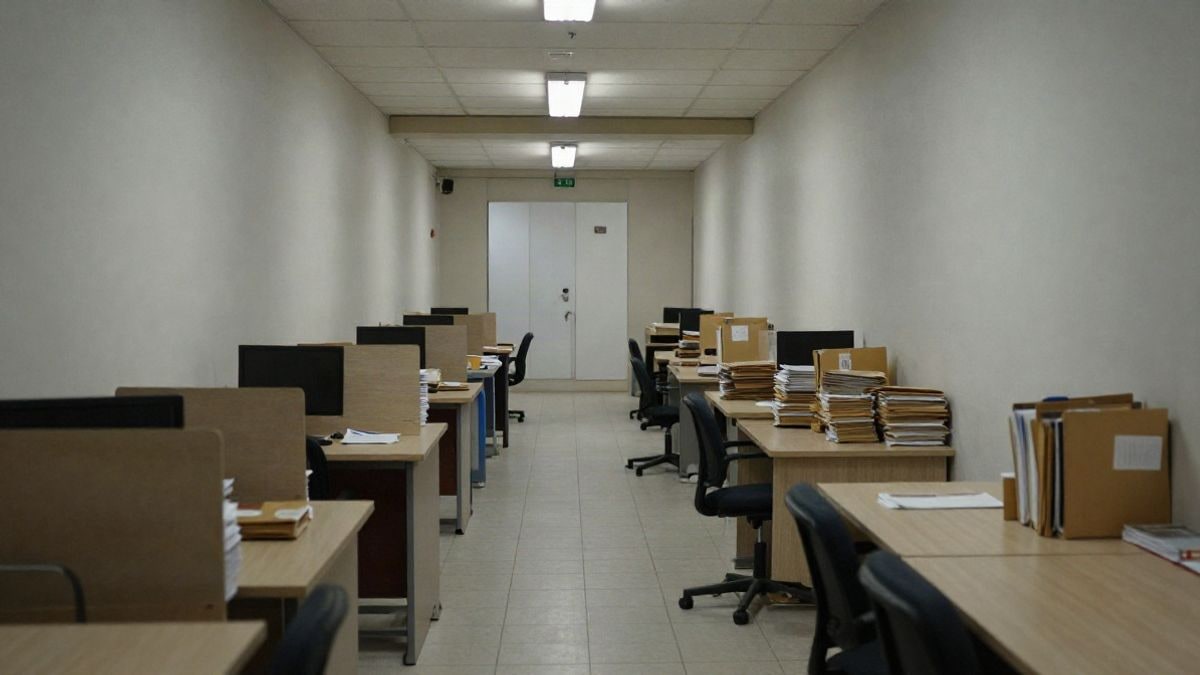 Imagen ilustrativa: pasillo de oficina municipal de noche con mesas vacías y carpetas apiladas