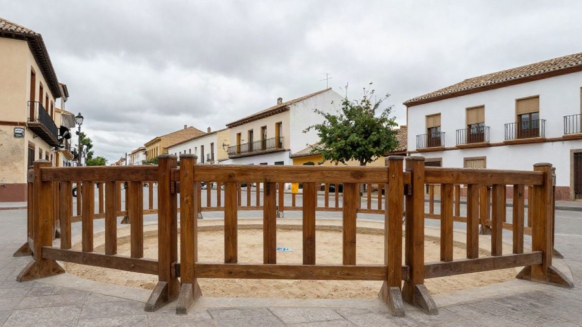 Imagen ilustrativa: interior de una plaza de toros con burladeros de madera vacíos y arena