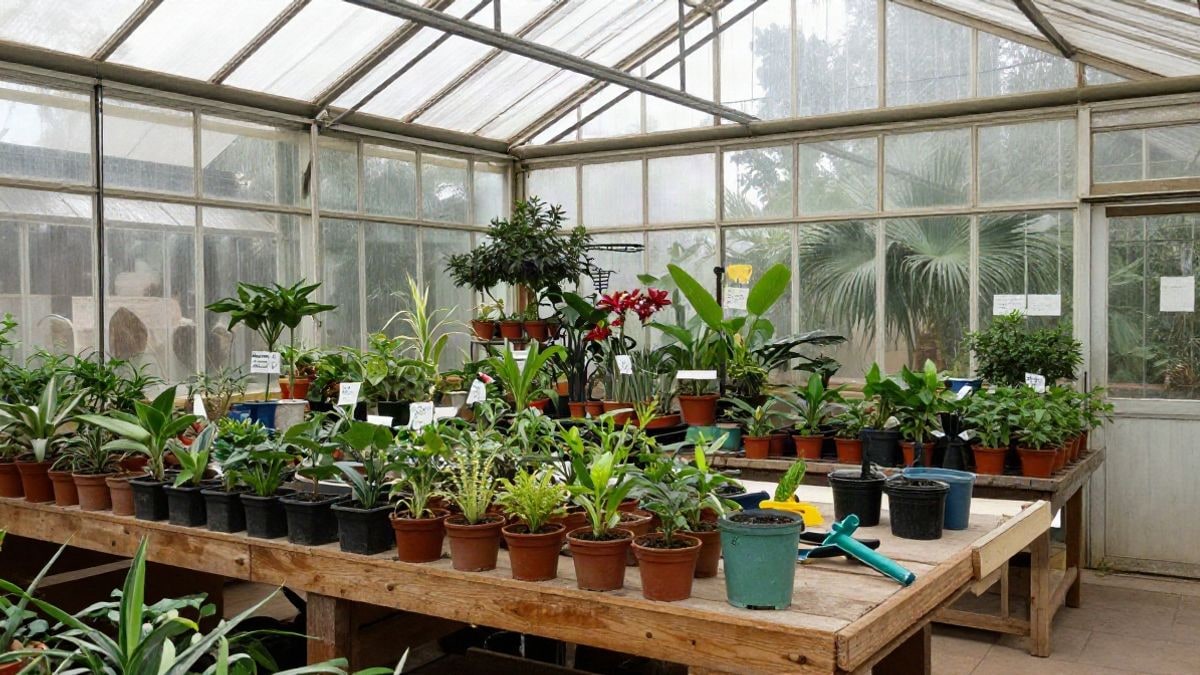 Imagen ilustrativa: interior de un invernadero botánico con luz lateral y plantas en macetas