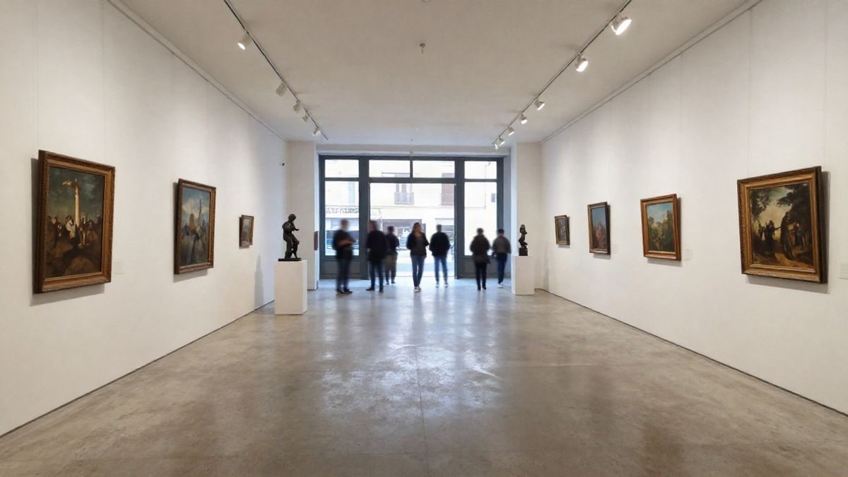 Imagen ilustrativa: sala de exposiciones vacía de un centro cultural, con cuadros en las paredes y una escultura sobre un pedestal.