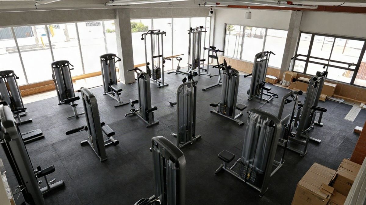 Imagen ilustrativa: vista cenital de un gimnasio moderno en obras, con máquinas cubiertas y materiales de construcción