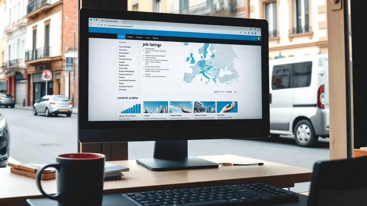 Imagen ilustrativa: pantalla de ordenador con listas de empleo y un mapa de Europa de fondo, en un escritorio con café.