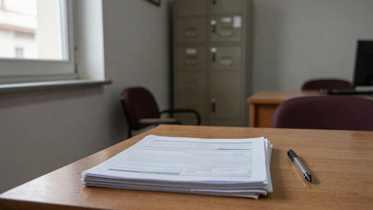 Imagen ilustrativa: interior de una oficina administrativa con formularios impresos sobre una mesa y luz lateral de ventana